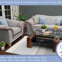 We have for sale a beautiful sofa set.

Available we have 1 x 3 Seater Buton Fixed Back Sofa and Matching Armchair in Two Tone Light Blue and Grey.

RRP £1049

The items are new ex-display in great condition.

The sofa comes with 4 scatter cushions. And the armchair comes with 1 scatter cushion

Dimensions:

3 Seater;
Width – 195cm
Depth – 90cm
Height – 86cm

Armchair;
Width – 115cm
Depth – 90cm
Height – 86cm

We can deliver for an extra cost based on distance
