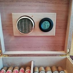 Brown Cedar wood Humidor, with humidifier and digital hygrometer, excellent condition, 240mm X 220 mm X 65mm.