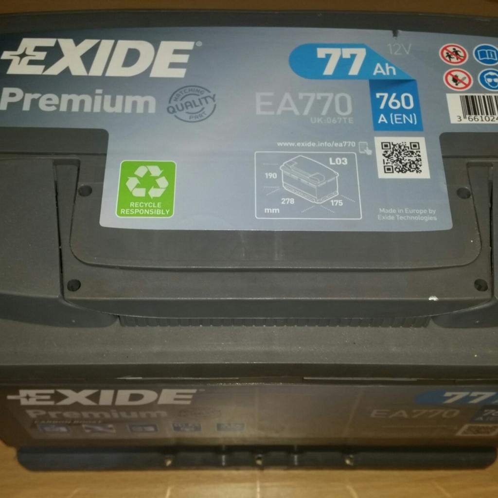 Exide Premium 77Ah 760CCA 12v Type 067 EA770 Car Battery 3 Year Warranty