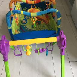 Bright lights play mat comes with 5 toys   (Missing bumble bee) has 2 extra legs and also activity stand you can swop toys for each and can be taken down easily for travel and transport.
In excellent clean condition comes in box with instructions