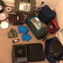 Camping equipment for sale 
4 man Tent 3 weeks old 
Double air bed 
Pump for the air bed
2 air pillows 
Fire pit
Cooker in box
Pan and kettle set 
Portable tent fire with canisters 
Portable food and prep storage table 
Food cooler bags and Ice packs x2 
Torch