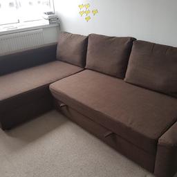 Brown 3 seater fabric L shape sofa bed with storage from ikea FRIHETEN.
measurements :
Length:230 cm
Depth:151 cm
Height:66 cm
Seat depth:78 cm
Seat height:44 cm

Bed width:140 cm
Bed length:204 cm

the chaise longue section can be placed to the left or right.
used good condition still holding it shape as seen in the pictures no tears no marks well looked after.
COLLECTION FROM WEST KENSINGTON
I can dismantle it if wished
lift is available in my block.
needs to go ASAP.
