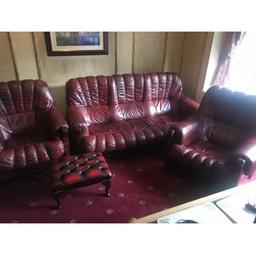 Hi I’m selling my Chesterfield Style Leather 4 Piece Sofa Set In Oxtail Blood/ Burgundy Colour with dark wooden frame. Only selling due to re-decor of formal living room as brought additional sofa for extra seating and now looks very odd! It’s in very good condition in soft smooth leather. Cost £2300 new 4yrs ago; Selling at fraction of the cost. Not been used much as in the formal living room for guests so not everyday use. 

It consists of: 2 x one seaters, 1 x three seater & 1 x footstool.