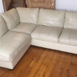For sale cream leather corner sofa.
Well worn but plenty of life left! Has some marks and wear and tear consummate with 9 years of use. Has a small rip in the front and coffee cup ring mark on lhs armrest - please see photos. Collection only in Portsmouth.

RHS 200cm x 260cm
H 70cm (85cm to top of cushions)