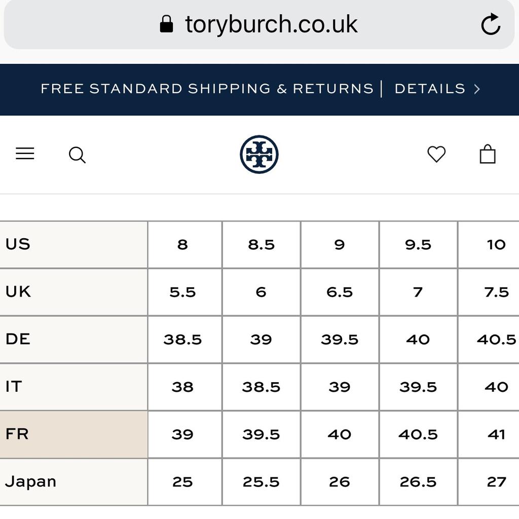 Tory burch ballet flats size chart sale