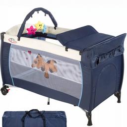 This new travel cot by tectake has an attractive design and is extremely functional. Suitable for toddlers up to the age of 36 months, the travel cot includes a changing mat and storage pocket, perfect for keepin cleaning wipes close at hand. Ideal for camping trips and holidays to give your little one a comfortable, secure place to sleep, this travel cot even features a play bar with soft toys. The travel cot is also perfect for use at home in the nursery as it features breathable mesh sides wh