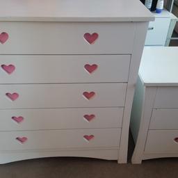 Childrens chest of drawers and bedside cabinet. Both in good condition, a few marks here and there. Hearts are actually see through, we added pink foam to jazz them up (it can be removed).