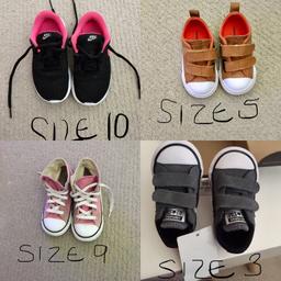 Converse size 3 grey/black bnib - £20 ovno
Converse tan size 5 - worn but VGC. £10
Converse pink boots. Size 9 Used £5
Nike trainers black/pink size 10 ( but come up small)

Collection nn2
From pet and smoke free home
