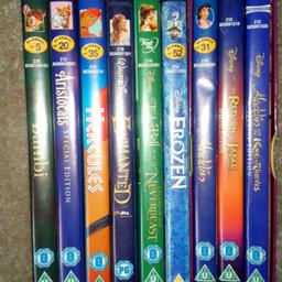 Bambi
Aristocats
Hercules
Enchanted
Tinker Bell and the neverbeast
Frozen 
Aladdin boxset

All good condition may have a few surface scratches does not affect viewing of any of them 

Good bargain