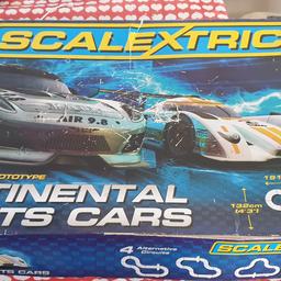 Scalextric Continental Sports car set in side box is
SCALEXTRIC Sport Track  
8x Standard Curves C8206 
Lap counter 
power bored
power supply 
2 Hand Controller
(no car) 
used and working.
could do with a clean