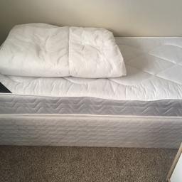 Single bed with mattress. never used was in a spare bedroom. The bed has no wheels (never put them on and misplaced them). Comes with single quilt if wanted.