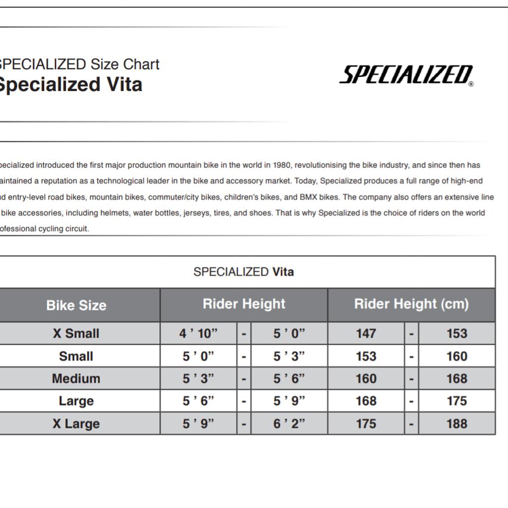 Specialized vita deals size chart