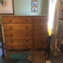 The wooden chest of drawers in very good condition. There is a scratch on one of the drawers, which I’ve included a picture of and some minor scratches on the top. For collection only. Dimensions: (H) 110.5cm (W) 130.5cm (D) 45.5cm
C