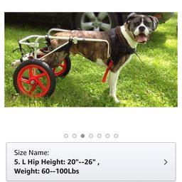 Used only once, in perfect condition comes with straps & all the clip ons. This is a very strong safe wheelchair as it was used for my big French mastiff and was fantastic, unfortunately he’s health deteriorated.

It can adapt size to fit the height and size of your dog.
Hip Height: 8"-26",
Weight 0 to 100 lbs,
hind legs Rehabilitation (5. Hip Height: 20"-26", Weight: 60-100Lbs)


