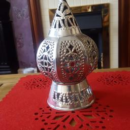 Beautiful Morrocan tee light holder, with gem stones, Beautiful wen lit. Collection only please.. 8 inches high. 