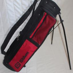 Bag is 78 cm in length with an automatic folding stand, a grab handle, carry strap and 3-way club divider. It has two full length zipped pockets, one half length zipped pocket and one netted Velcro fastened pocket. Little used. Two available at £7 each.