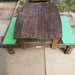 Kids bench +sandpit . Lid lifts off into a sandpit does need a piece of wood going in as broke (see pic )  but don't affect use as a table . Dismantled already Read less