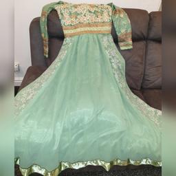 Brand new Asian designer Mint and gold pleated embroidered dress with diamond gems, comes with a matching dupatta.. tailored to my size but would best fit an xs/s, message for measurements or any other info, can pay extra if want posting 