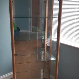 beech coloured display cabinet with 4 glass shelves.mirrored back. lights up. good condition. collection only