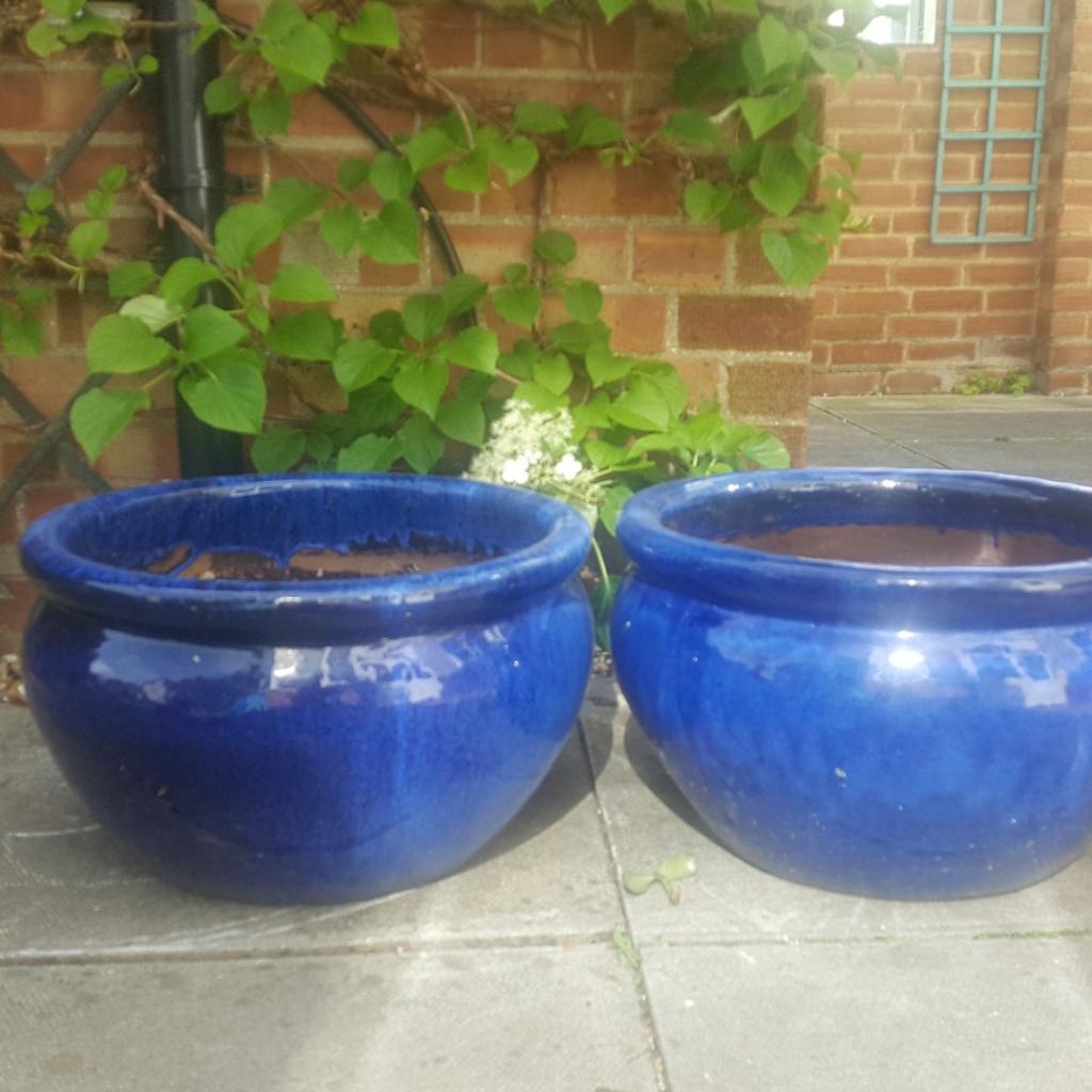 Two large blue garden pots glazed in MK41 Castle for £34.00 for sale