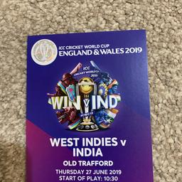 Two adults tickets (different rows) available for big match. Sold out match. 
India vs West Indies
Old Trafford
Alcohol free area
Stand B Lower, best view without any restrictions. 
£175 each or £300 for both