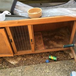 Guinea pig hutch and cover. Hutch is in ok condition. Floor is not great but perfectly usable. Been sat in garden for ages. Nothing wrong with cover and was expensive new. Bowl and water bottle and cage cleaner spray and half a bag of saw dust.