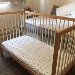 Mokee mini cot in very good condition. Includes mattress, waterproof sheet and 2 extra sheets in a star pattern. Mattress in pristine condition has always been used with protective bedding.
 I have used it under a year so in very good condition.
For newborns up to 3yrs (or 15kg)
7 mattress base positions 48.5cm)
Removable panel transforms baby cot into toddler bed