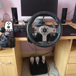here I'm selling my steering wheel Logitech g25 for spares and repairs unless someone can fix it the steering wheel works perfect with all the buttons that work on it aswell and the flappy padal levers work aswell the acceleration pedal works and the brake works also the clutch pedal dont work unfortunately and the gear shifter don't the buttons on the gear shifter work the 4 black buttons work up down left right work and all the read buttons it is for the pc and PS3 only any questions ask :-)