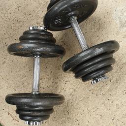 Pair of dumbells approx 20kg each
4x 5kg
8x 1.5kg
4x 1kg

Some slight corrosion from not being used and being stored in garage.

Have other weights for sale, see other listings.