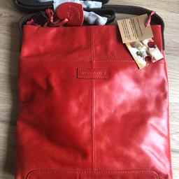 Real leather handbag made by white stuff, cross body style in red, unwanted gift, brand new never used labels still attached.