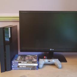 This comes with a PS4 500gb, a controller that works perfectly and a 22 inch monitor. The wires are provided for the monitor and PS4. There are a few scratches/marks on top of the PlayStation but aren't damaging at all and can be covered with a PlayStation case. Games included are COD WW2, BO3,Rainbow six siege, Advanced warfare and Destiny but I won't be selling them all, ask and i'll see. The drive has been FULLY wiped therefore will need the user to reinstall the software etc. COLLECTION ONLY