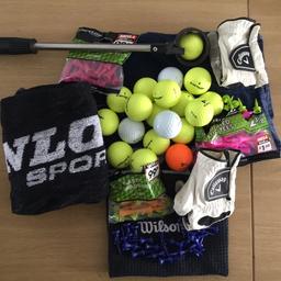 Selection of balls,tees, towels, gloves & ball retriever