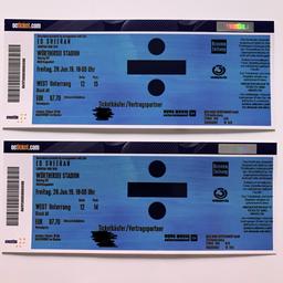 2 Sitzplatztickets für das Konzert am 28.06.2019 in Klagenfurt
Die Tickets werden natürlich mit Bestellbestätigung und Ausweiskopie für die notwendige Umpersonalisierung übergeben. Diese kann am Konzerttag vor Ort durchgeführt werden. 
Preis gilt bei Selbstabholung