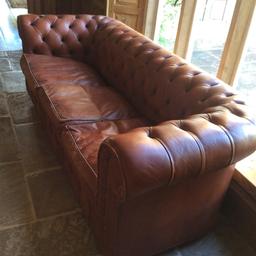VINTAGE TAN LEATHER 3 SEATER CHESTERFIELD SOFA IN GOOD USED CONDITION BUT WOULD CLEAN UP WELL WITH A LITTLE TLC AND SOME GOOD HIDE FOOD
