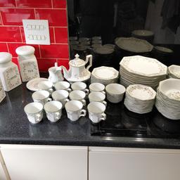 12 cups
12 saucers
12 dinner plates
12 side plates
12 soup bowls
12 desert bowls
tea pot
sugar bowl
milk jug
tea, coffee, sugar jar
tea bag dish

collection only