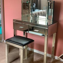 FOR SALE!!!!! 
Mirrored dressing table with mirrored stool and mirror. All items are in great condition. I have had these items for a few months and have kept them in immaculate condition. I am selling due to moving homes and items are too big for my room.
If you have further questions please contact myself.
Contact 07803469134