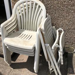 Four plastic garden chairs and sun lounger 

Been outside a long time but may clean up ok