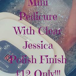 Pedicure with clear Jessica polish finish 

Inc foot soaked, scrubbed and filed
Cuticle work and nails shaped with a clear finish