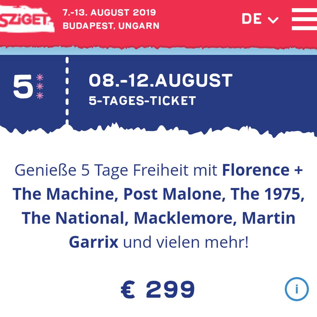 Sziget Festival 5TagesTicket in 1050 Wien für 210,00 € zum Verkauf Shpock DE