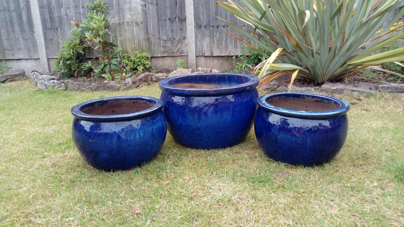 3xLarge blue glazed ceramic garden plant pots in DY11 Wyre Forest for Â£30.00 for sale | Shpock