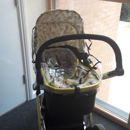 cosatto wheels and carrycot.

**pushchair seat is included but the fitting has somehow been damaged in storage, and I can't get it onto the chassis wheels**

there is a very small rip in the handle
wheels and carry cot in excellent condition and is very cosy and safe for baby. carry cot rain cover included