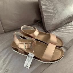 Rose gold sandals size 5 from Peacocks 
Never worn, still with tags 
Picked up a 5 rather than a 6 by accident
From a pet and smoke free home 

Open to realistic offers