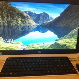Selling my HP all in 1 desktop PC. There is no tower it is all built in so great for space saving.
In absolute mint condition still with original box. 
No issues whatsoever, selling due to upgrade. 
The tech bits:
Windows 10 home 64. 
8GB ram
1TB HDD
Res 1920 x 1080
Intel Pentium
CD/DVD/Blueray drive.
3 in 1 memory card reader
2 x 3.0 usb port
3 x 2.0 usb port
Headphone/microphone combo
1 x HDMI port
With wired keyboard and mouse.