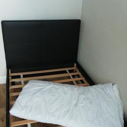 Single bed frame
Black leather
Excellent condition
No damage to any parts, only used for 14 weeks while I was unable to get upstairs due to injury 
No mattress 
Easy to transport as it all comes apart and just clicks back together
