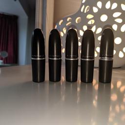 so I used to use MAC a hell of a lot, so much so I managed to collect so many items to do the trades 6 recycled for 1 new lipstick. therefore they remove the boxes possibly to stop people doing this. but I have so many so thought why not share a bargin. usually 17.50 each, looking for 11 pound each not looking for any lower offers. or all 5 for 48 and plus postage if in the Northfield or surrounding area I will deliver
modesty, velvet teddy,twig, Ruby woo,blankety. 
from left to right