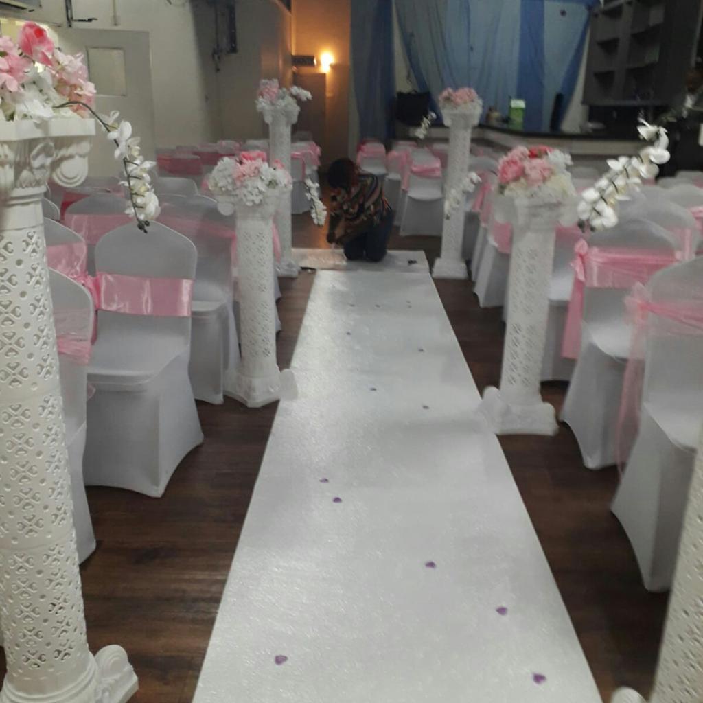 I have everything available to make that day more special to you.
From wedding Sofa , red carpet , white carpet, pillar, cake , wall flower , backdrop, banquet chairs
plates, centerpiece, Charger plates, cutleries, glasses , chairs covers ,sashes and many more available.

I also have folding chairs £1 each , 4ft table £7 each and 6ft table £9 each . In case you have a hall without tables and chairs or you are organising a birthday , barbecue or get together party in you home or in your garden.
Please message or text me with your requirements and I will get back to immediately.

you will need to pay a refundable deposit of £100 with your ID when picking up the items or
£25 refundable deposit when the driver is dropping them to you.
Delivery is free or payable depending on your postcode.

Call or message me on

07496619018

Thank you
Theresia
