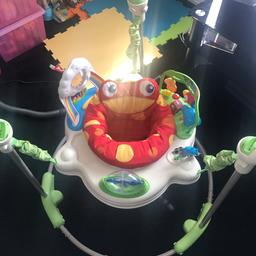 Well used. Daughter loved this toy used it for about 5 months. All clean and seat has been washed. No damage missing two toys that hang down but my daughter did not even notice. Fully working lights and sounds.

Pet and smoke free home