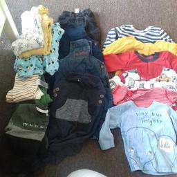 boys 6-9 bundle. 
3 dungarees 
5 vests 
1 black jeans
1 mckenzie tracksuit 
6 pairs of pj's 
7 tops 
all new or hardly worn and it great condition