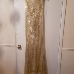 long gold sequin party ball room gown dress only worn once open back size small 8 -10