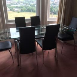 This is a lovely Family kitchen or Dining Room table with 6 leather chairs. There are a couple of scratches on the surface. Will extend at each end.
Length 1.4 m width 80cm
Will extend to 2.0 m